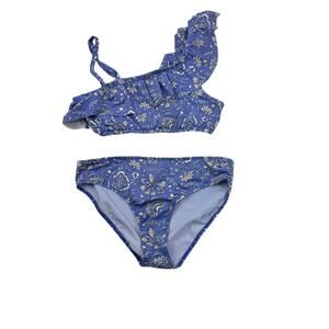 Vineyard Vines Girls Blue Anegada Floral One Shoulder Bikini Swimsuit, Size 14
